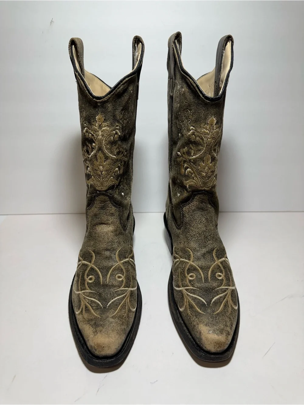 OLD WEST Cowgirl Boots Embroidered Distressed Leather Western Big Girls 4.0 D
